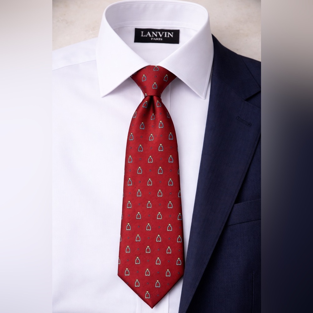 Vintage Lanvin Paris Silk Tie Red Equestrian Stirrup Print Luxury Necktie